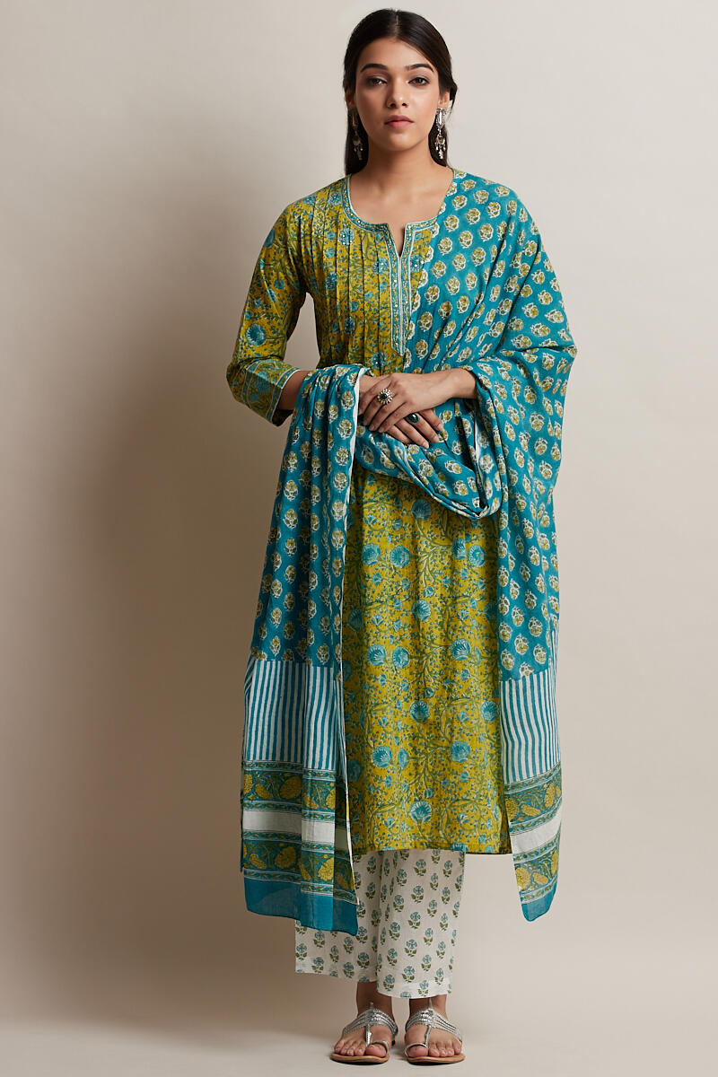 Green Block Printed Straight Cotton Kurta