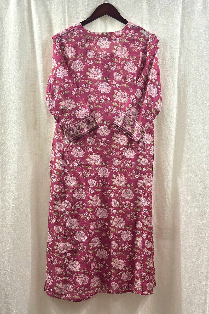 Pink Hand Printed Straight Viscose Kurta