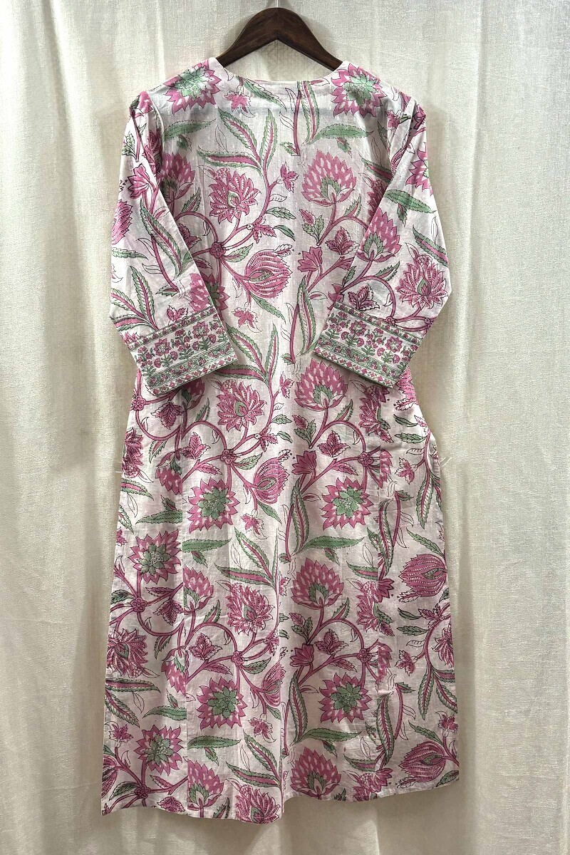 White Hand Block-Printed Straight Cotton Kurta