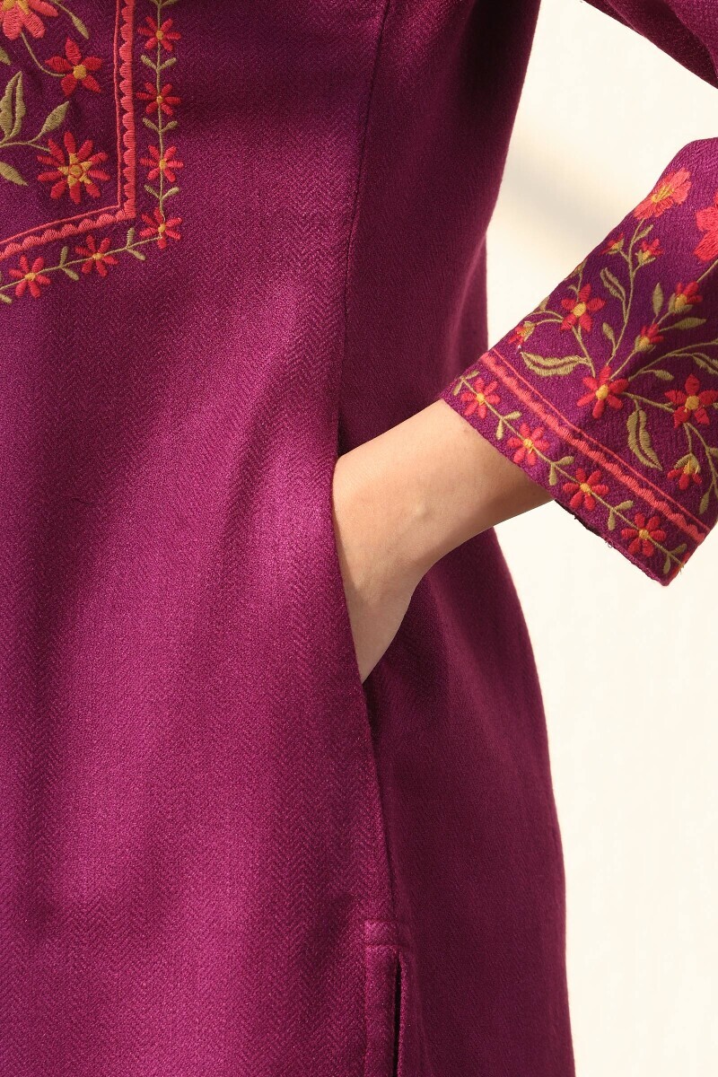 Pink Handcrafted Straight Faux Wool Kurta