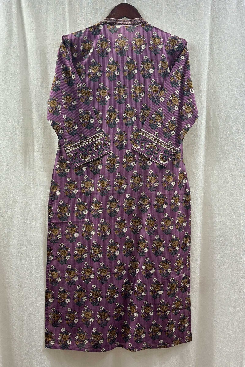 Purple Hand Printed Straight Cotton Dobby Kurta