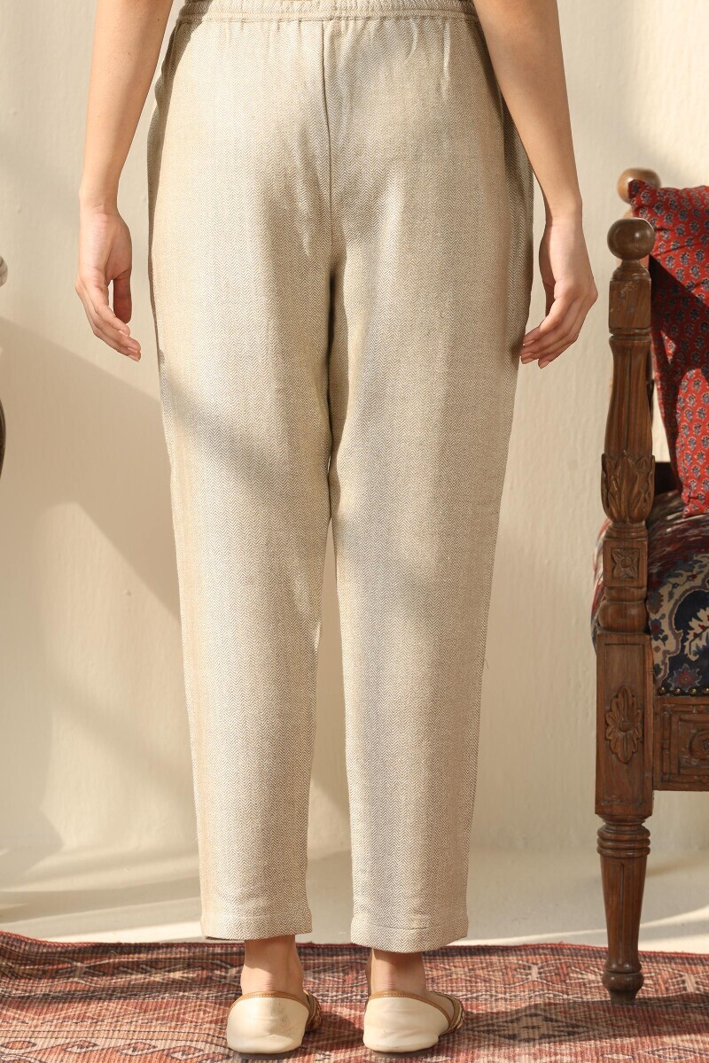 Beige Handcrafted Faux Wool Narrow Pants