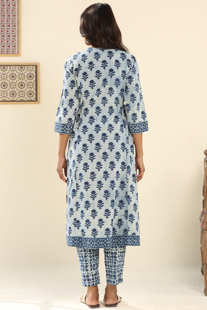 Indigo Hand Block Printed A-Line Cotton Kurta