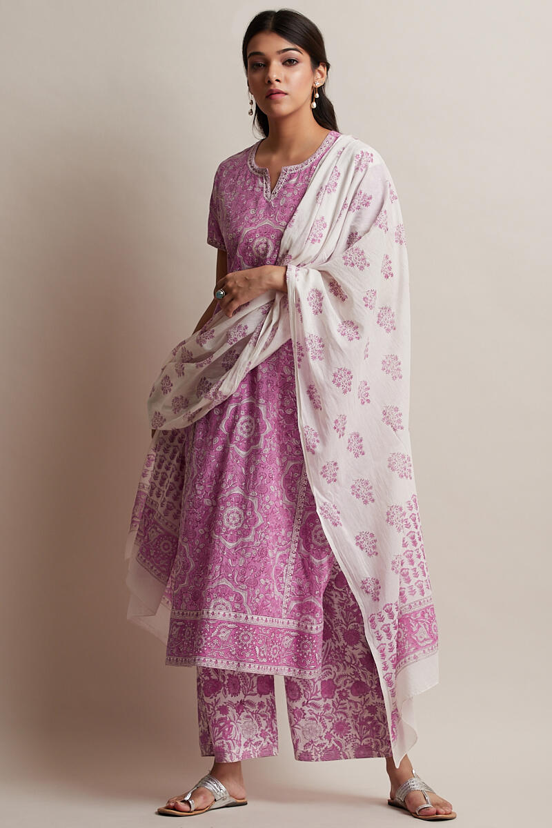 Pink Block Printed Straight Cotton Kurta