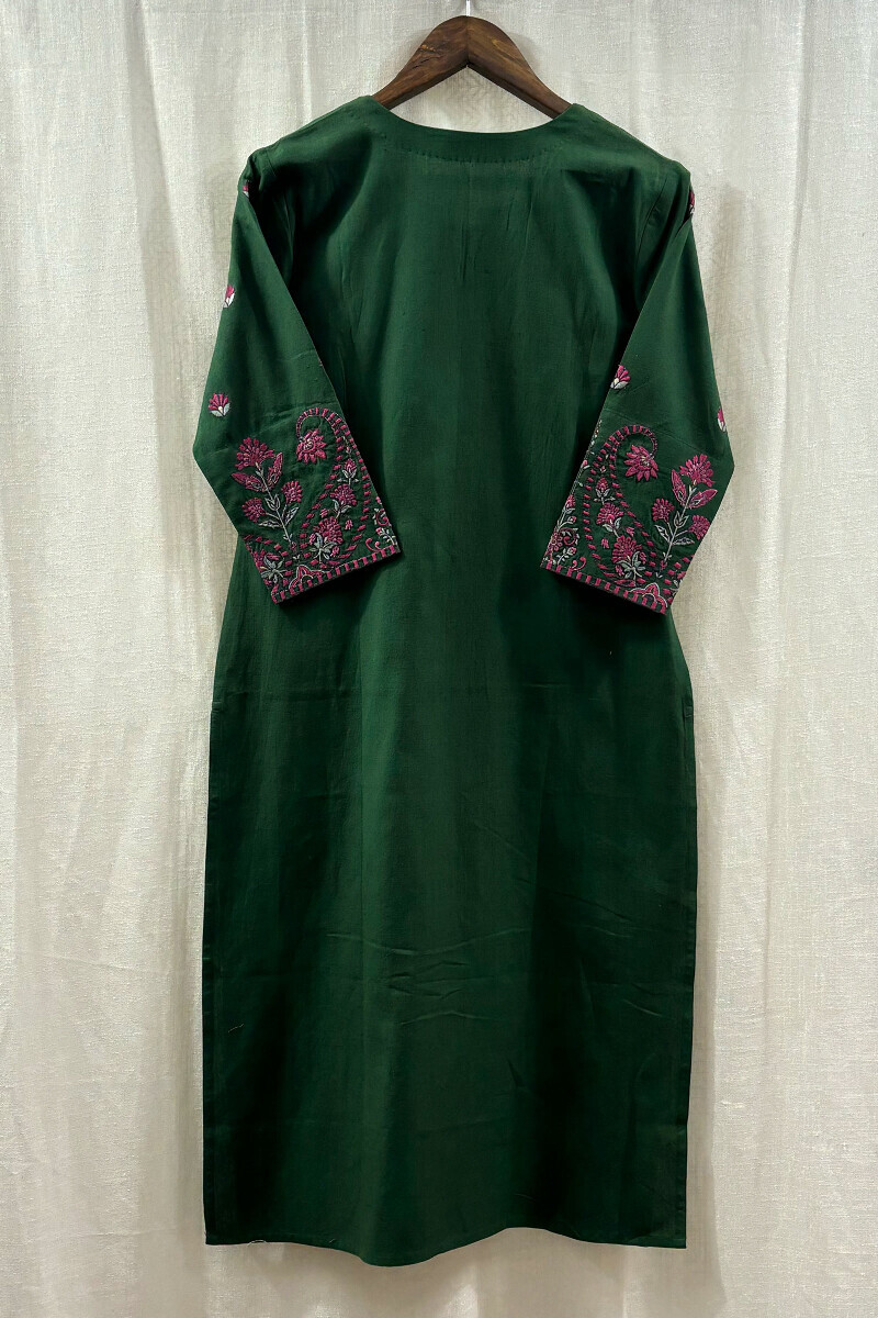 Green Handcrafted Cotton Straight Kurta