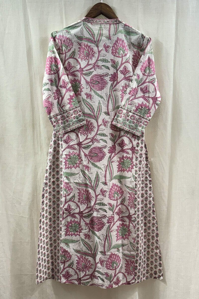 White Hand Block-Printed Straight Cotton Kurta