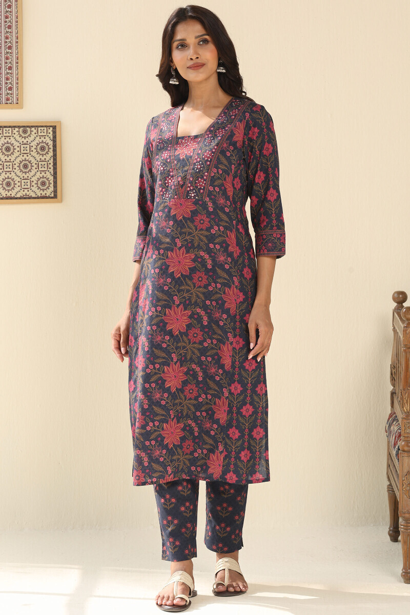 Blue Printed Straight Cotton Kurta