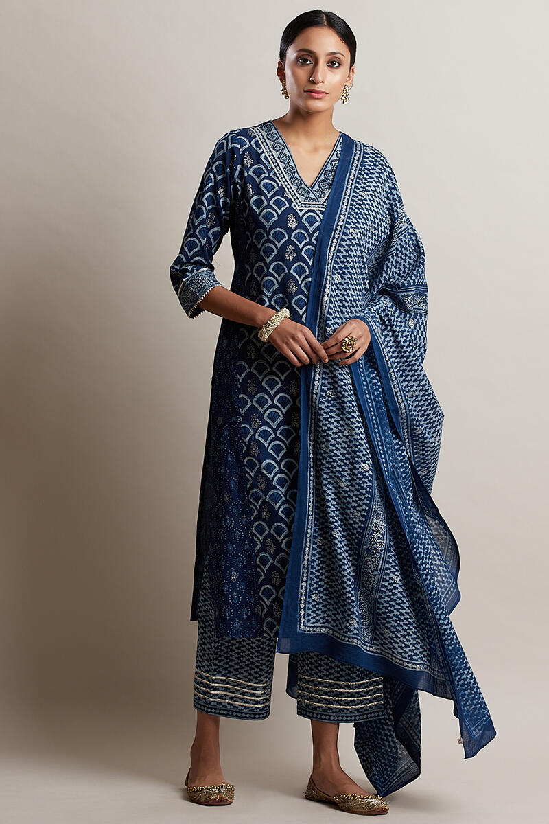 Indigo Block Printed Straight Cotton Kurta