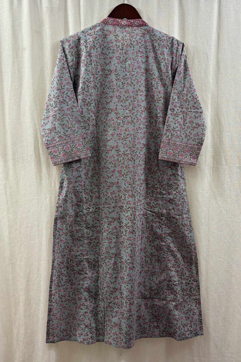 Blue Hand Printed Straight Cotton Slub Kurta