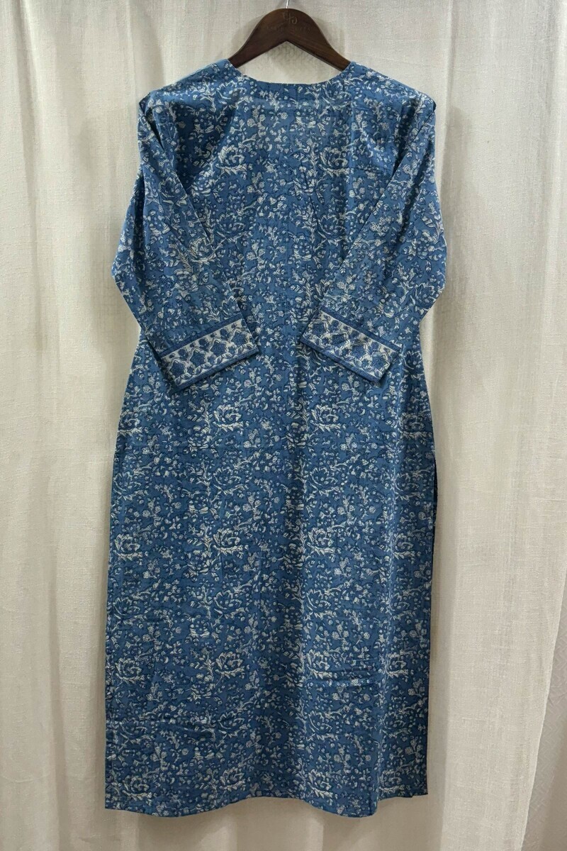 Indigo Hand Block-Printed Straight Cotton Kurta