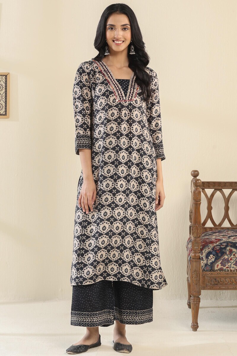 Black Printed Straight Viscose Kurta