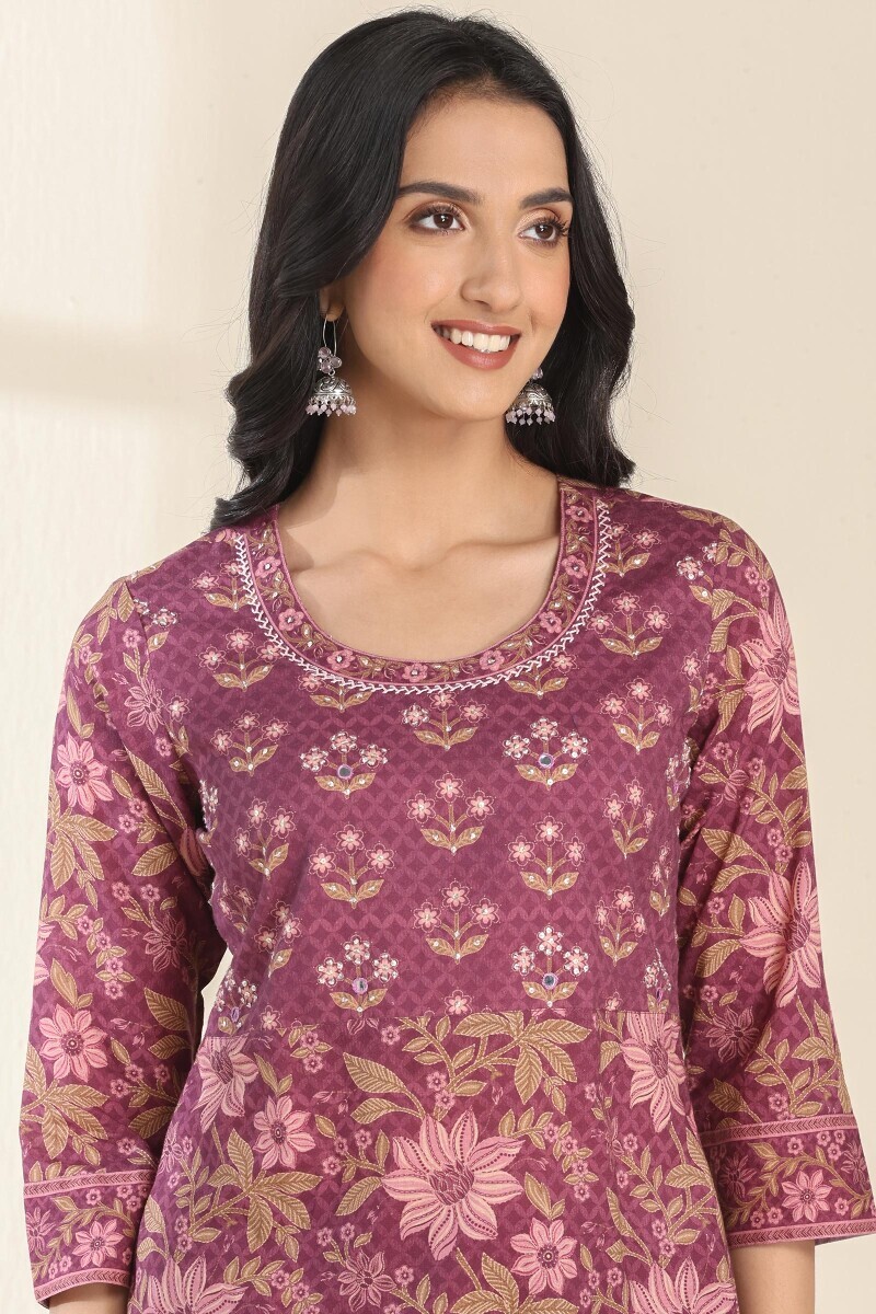 Purple Printed Straight Cotton Kurta