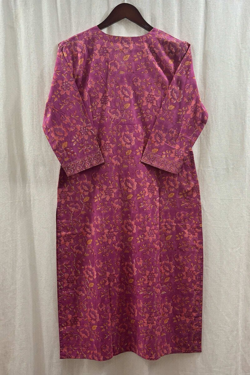 Purple Hand Block-Printed Straight Cotton Kurta