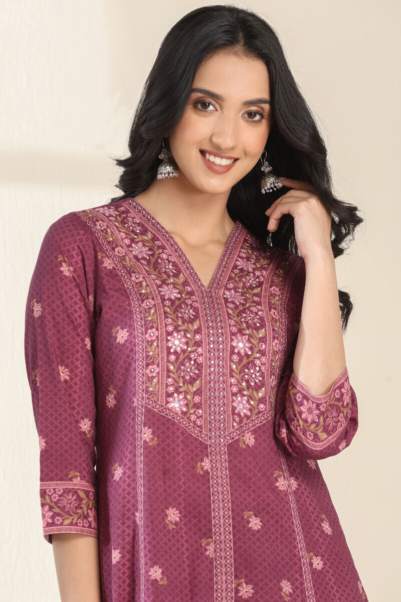 Purple Printed A-Line Cotton Kurta