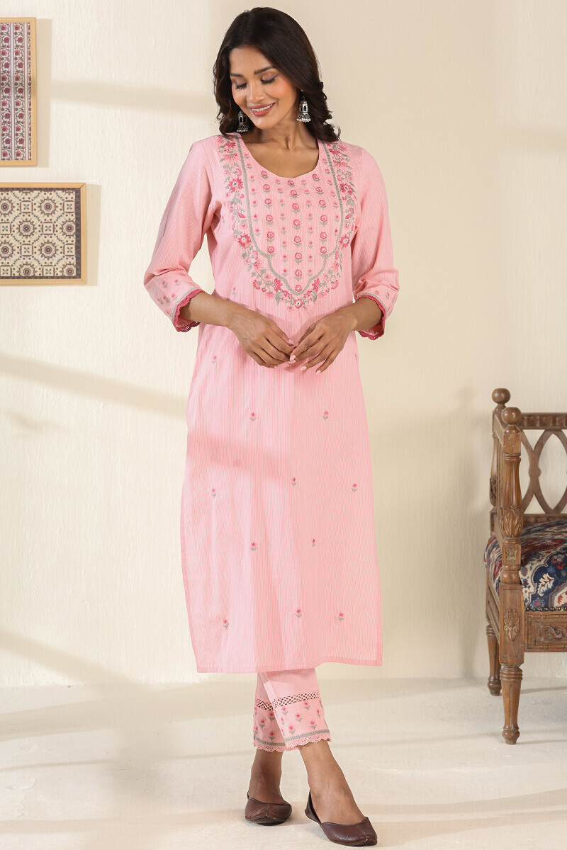 Pink Handcrafted Straight Cotton Kurta
