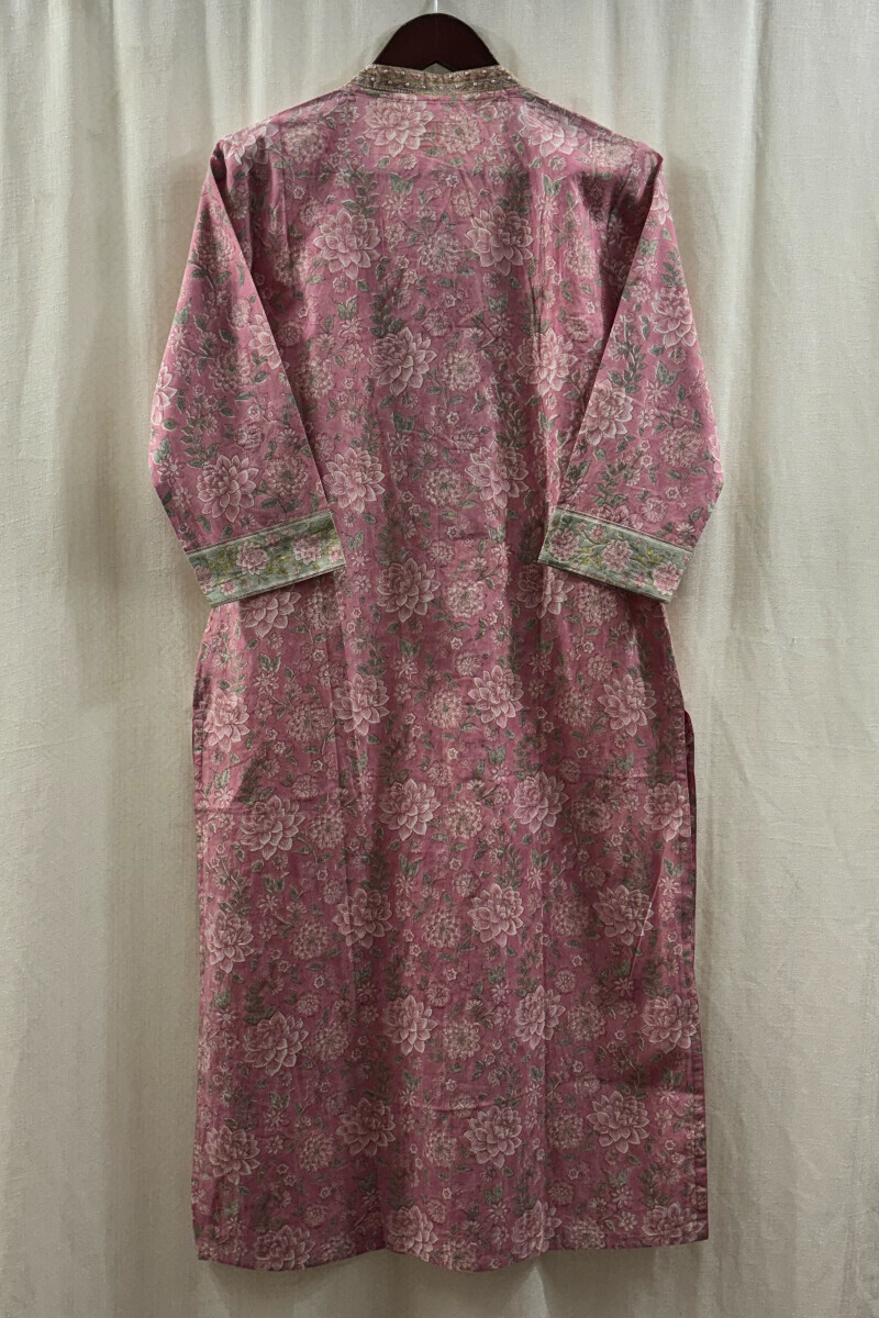 Pink Hand Block-Printed Straight Cotton Kurta