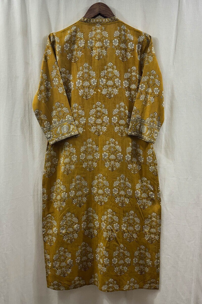 Mustard Hand Block-Printed Straight Viscose Kurta