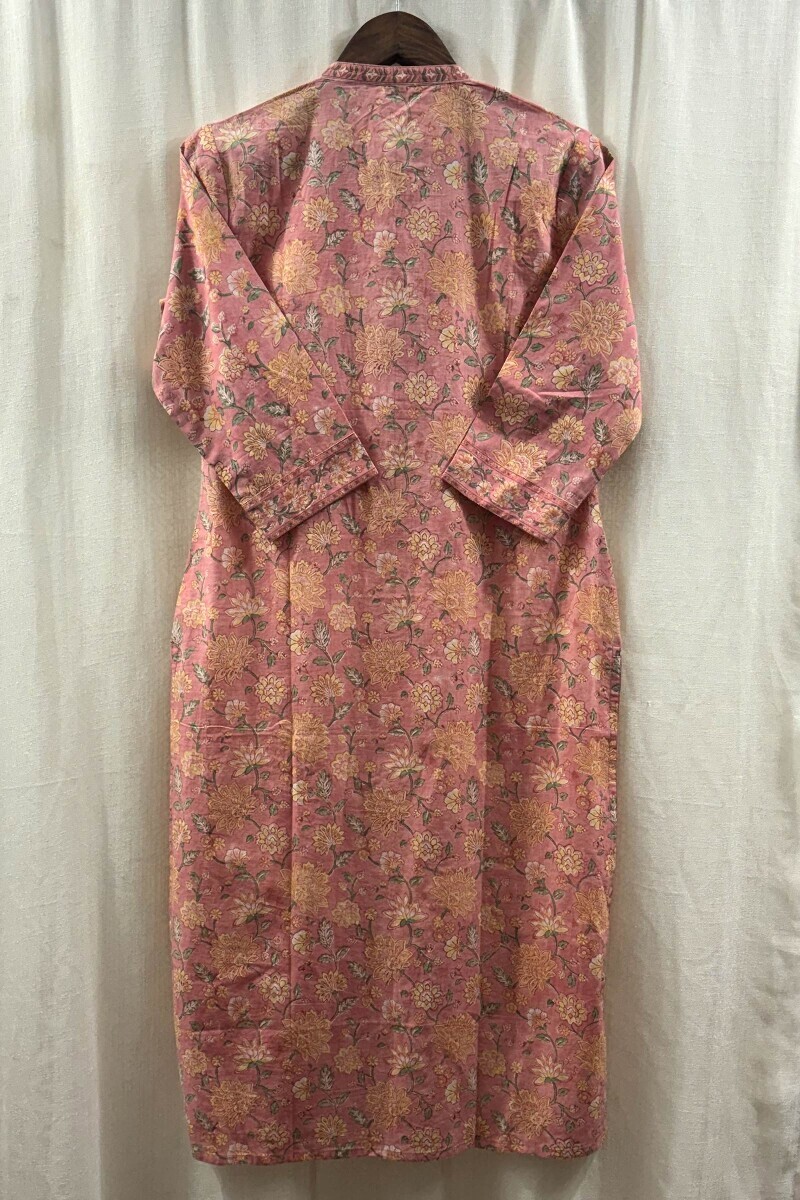 Peach Hand Block-Printed Straight Cotton Kurta