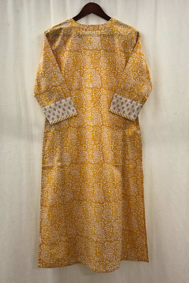 Yellow Hand Screen-Printed Kurta