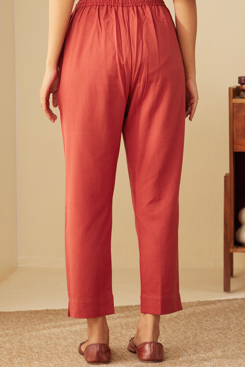 Red Handcrafted Cotton Flax Narrow Pants