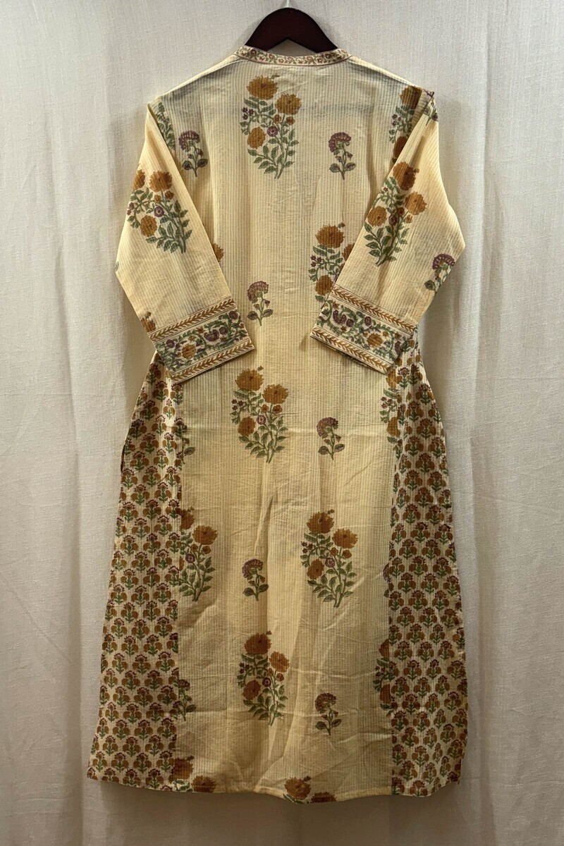 Yellow Hand Block-Printed Straight Cotton Dobby Kurta