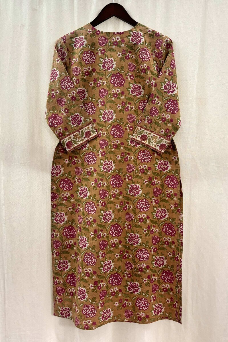 Mustard Hand Printed Cotton Slub Straight Kurta