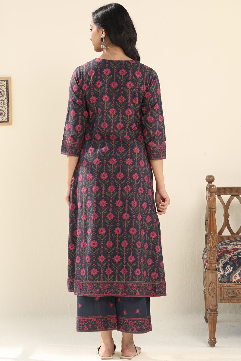 Navy Blue Printed A-Line Cotton Kurta