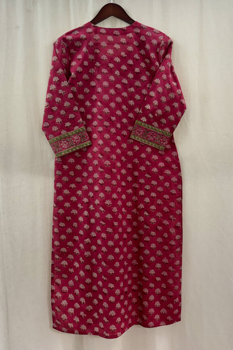 Pink Hand Block-Printed Straight Cotton Kurta