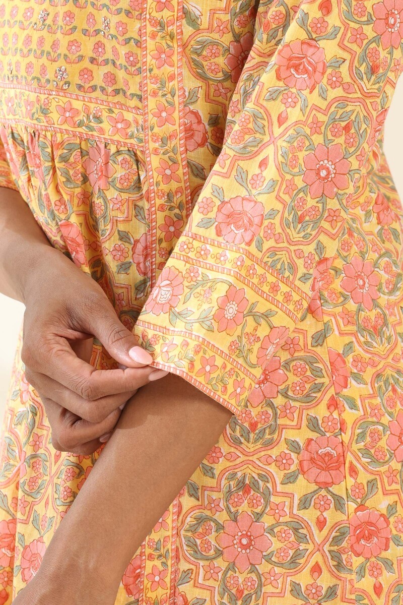 Yellow Hand Block Printed A-Line Cotton Slub Kurta