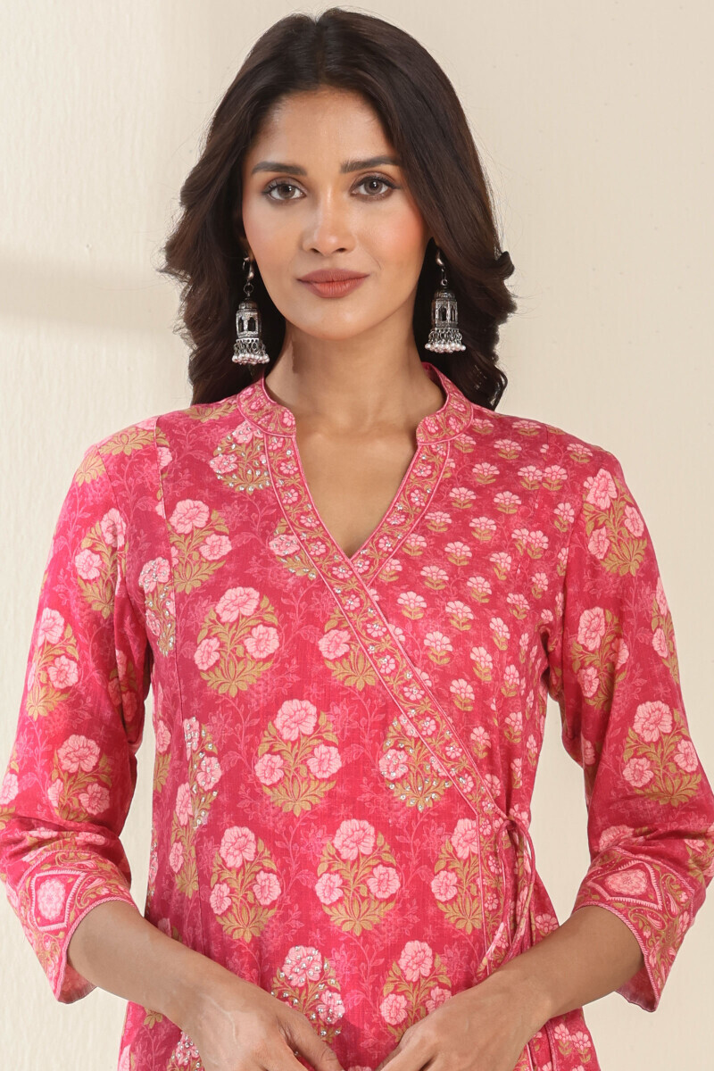 Pink Printed Angrakha Cotton Slub Kurta