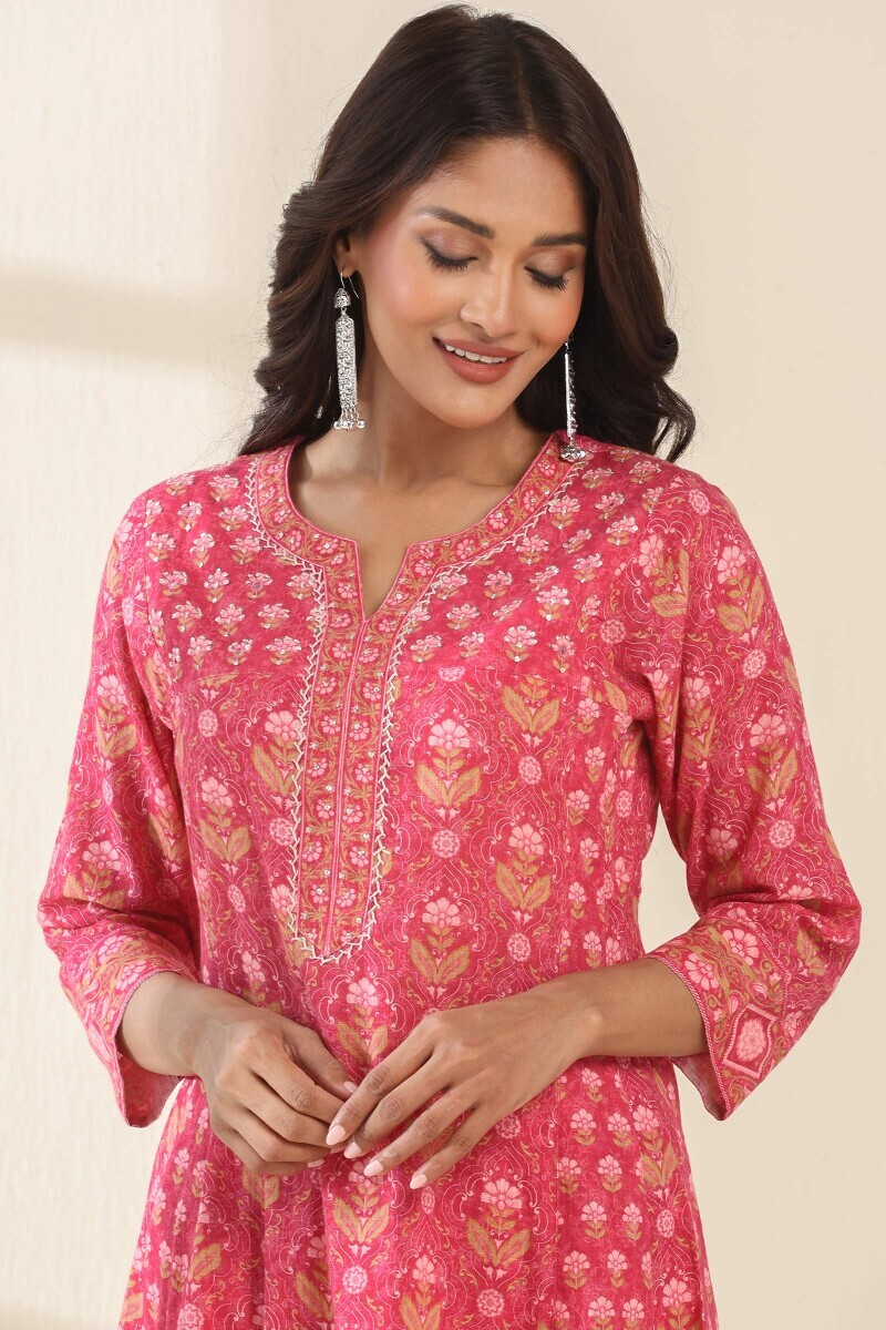 Pink Printed A-Line Cotton Slub Kurta