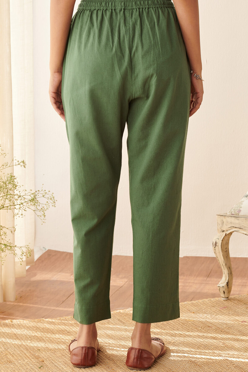 Green Handcrafted Cotton Flax Narrow Pants