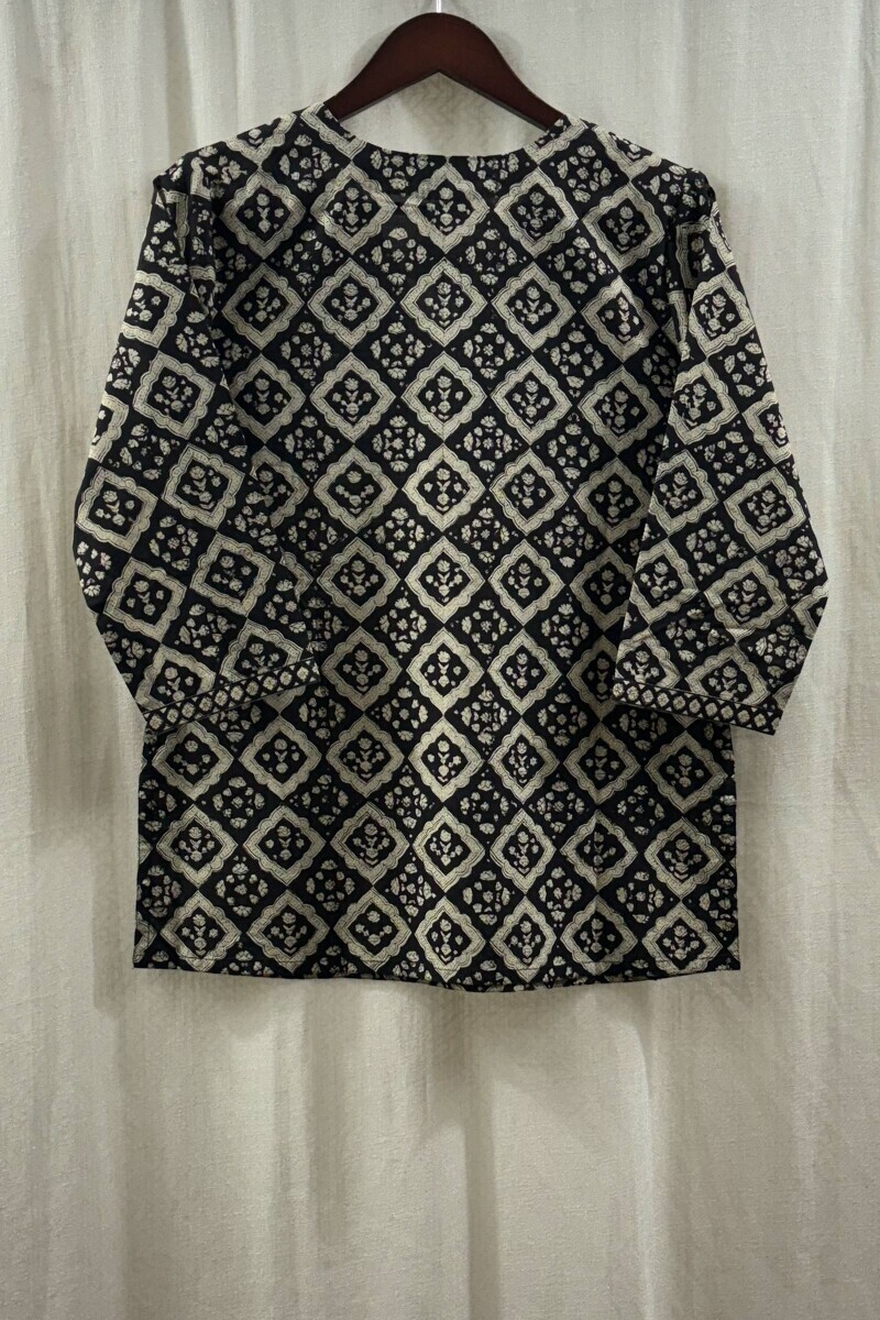 Black Hand Block-Printed Top for Women