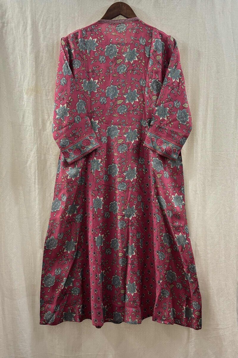 Pink Hand Printed Angrakha Viscose Kurta