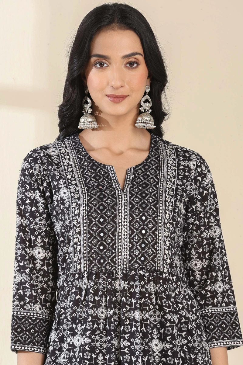 Black Hand Printed A-Line Cotton Dobby Kurta