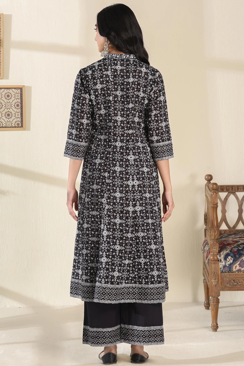 Black Hand Printed Anarkali Cotton Dobby Kurta