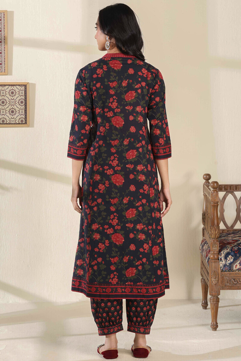 Black Printed Cotton Angrakha Kurta