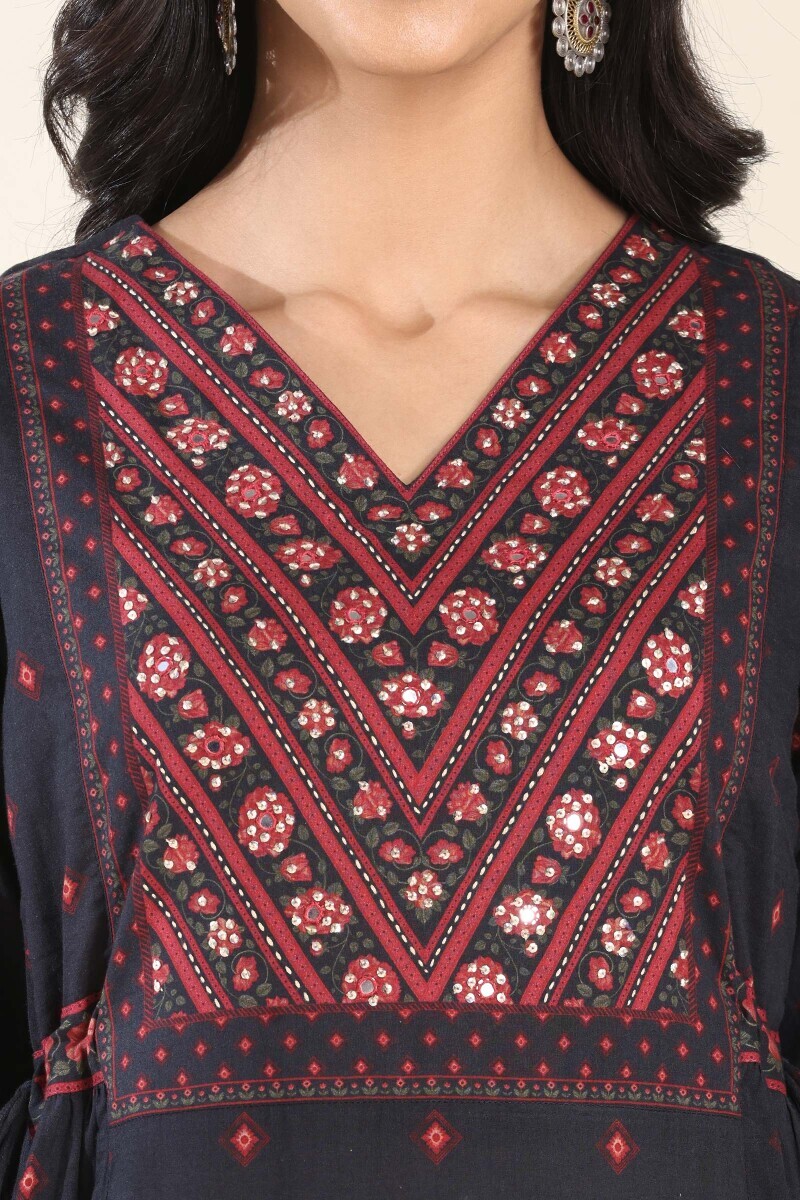 Black Printed A-Line Cotton Kurta