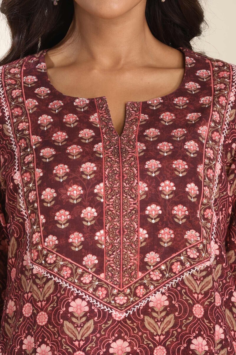 Brown Printed Straight Cotton Slub Kurta