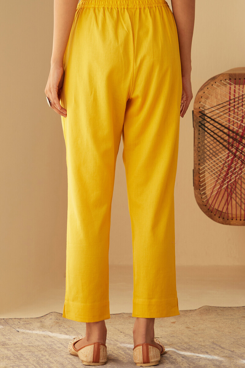 Yellow Handcrafted Cotton Flax Narrow Pants