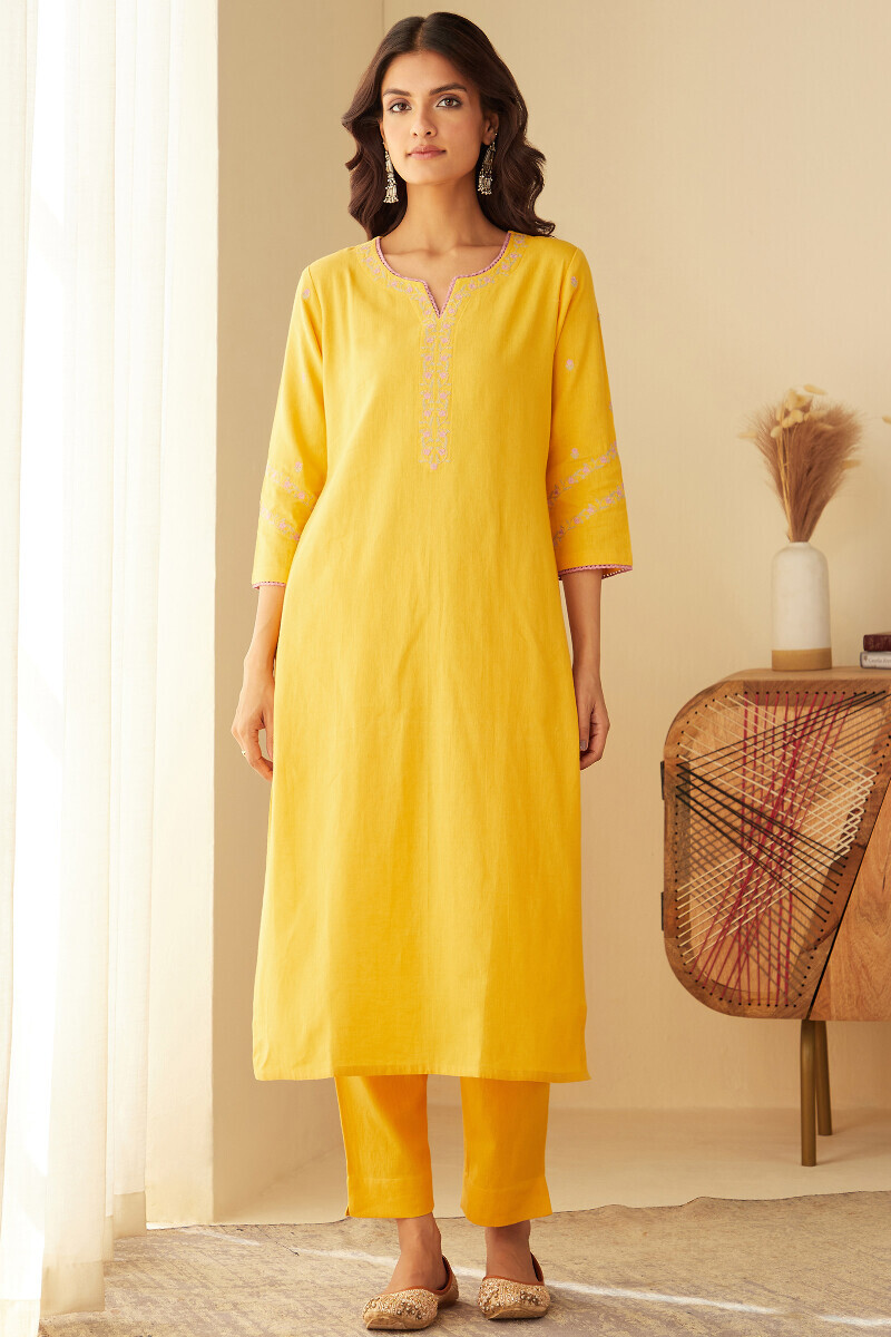 Yellow Handcrafted Straight Cotton Flax Kurta