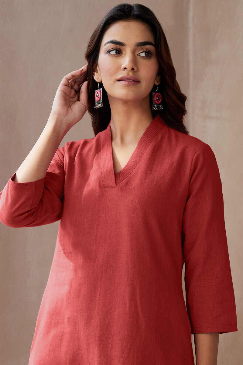 Brick Red Handcrafted Straight Cotton Flax Kurta