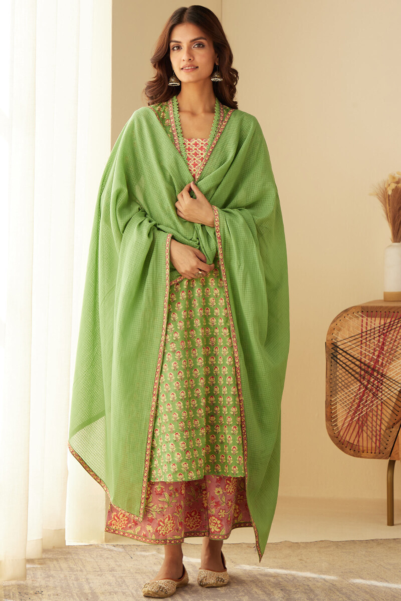 Green Hand Block-Printed Straight Cotton Kurta