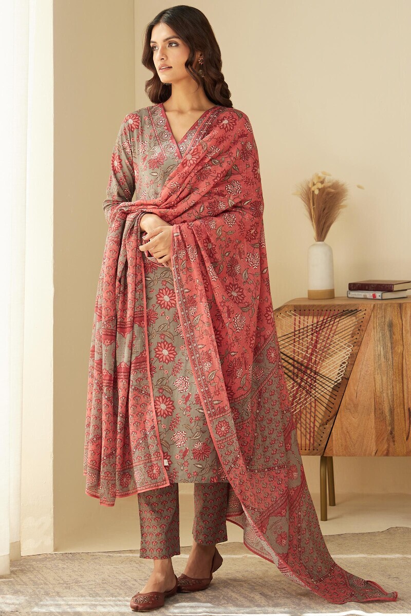 Grey Printed Straight Cotton Kurta