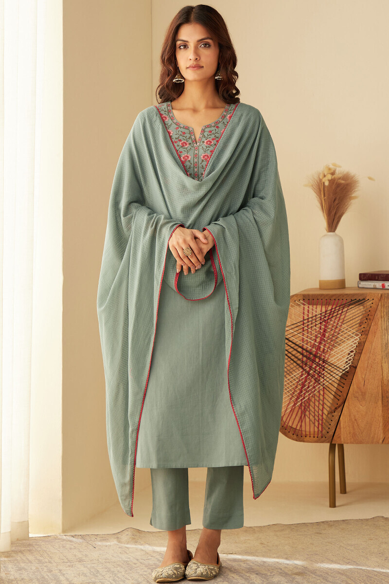 Grey Handcrafted Straight Cotton Kurta