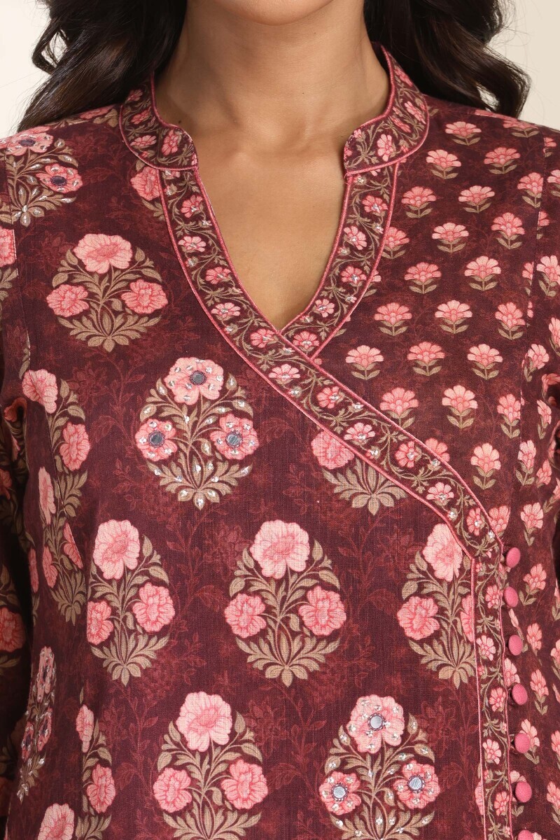 Brown Printed Angrakha Cotton Slub Kurta