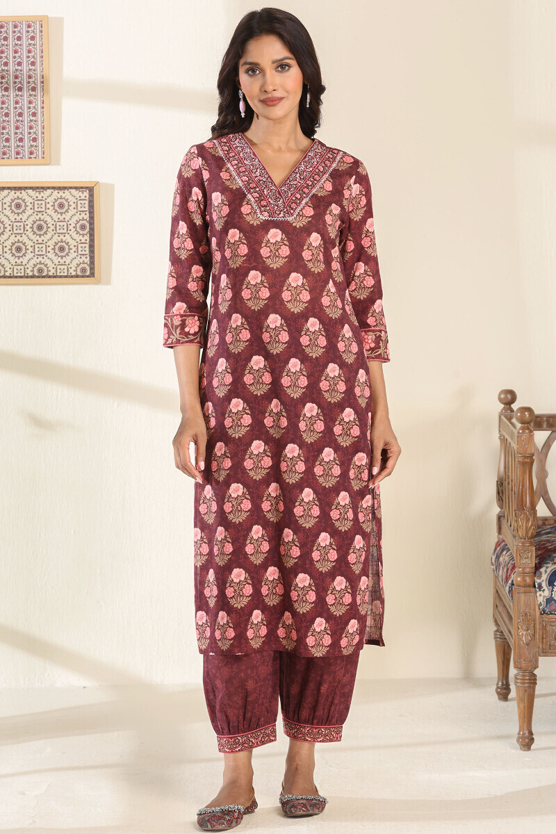 Brown Printed Straight Cotton Slub Kurta
