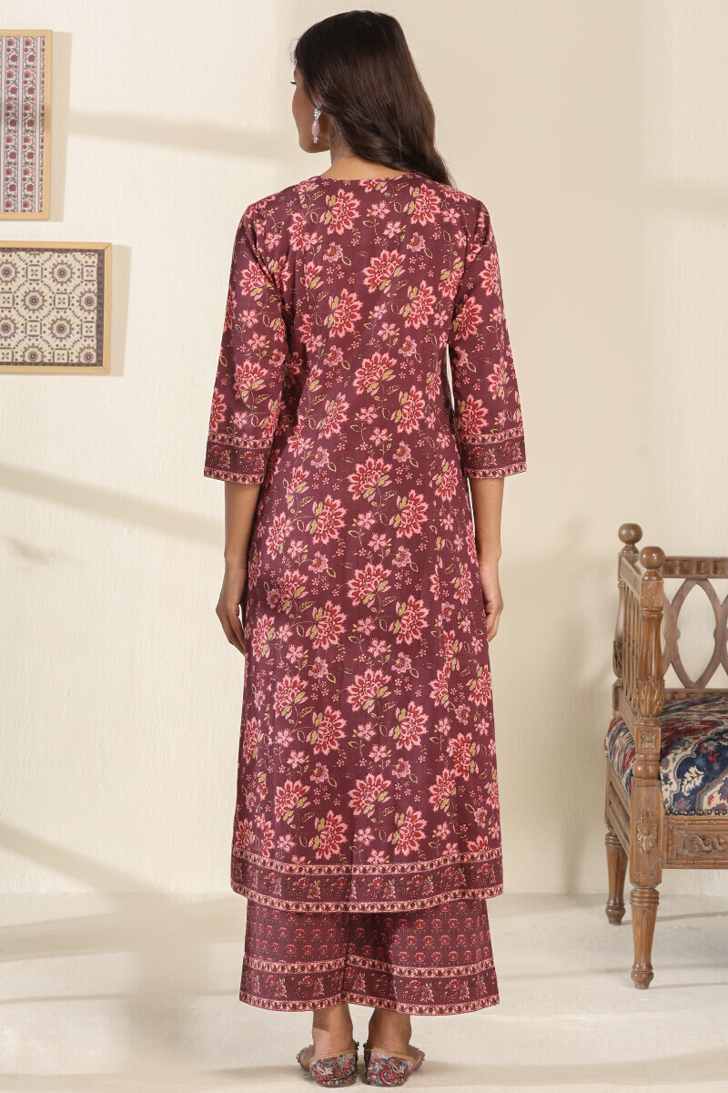 Purple Hand Printed A-Line Cotton Slub Kurta
