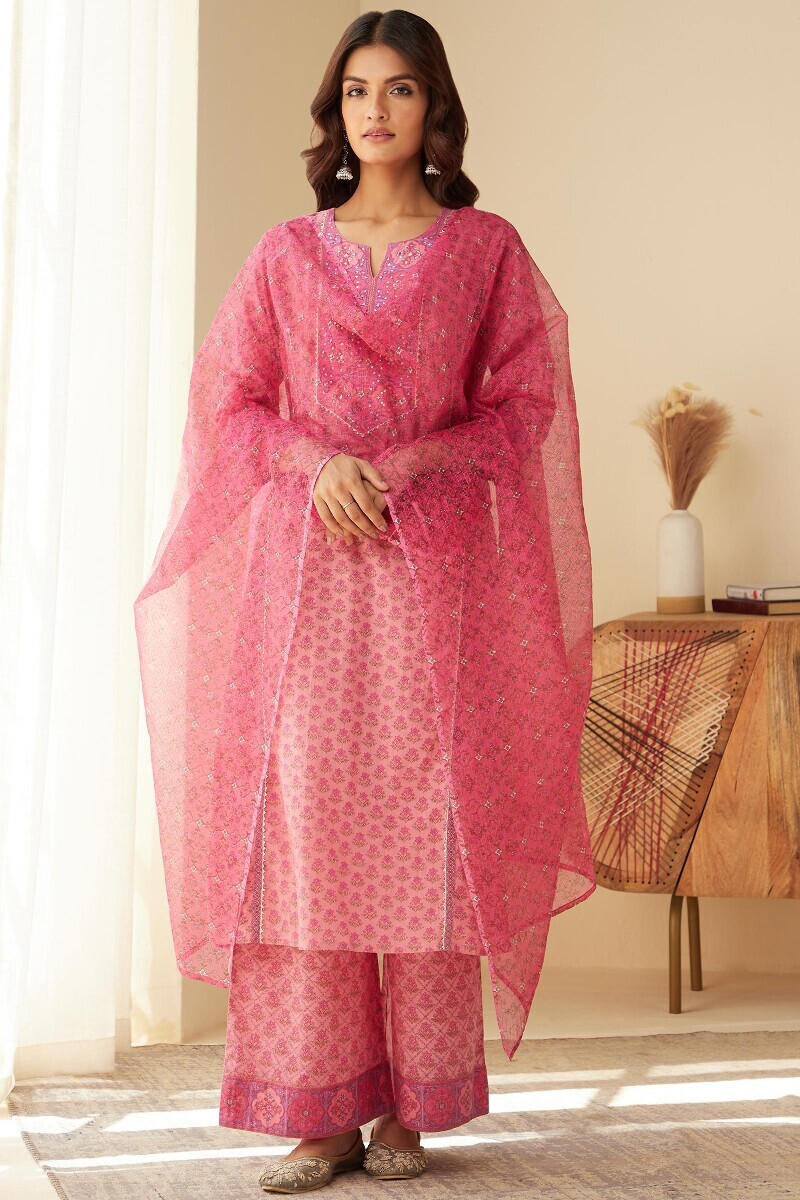 Pink Hand Printed Straight Cotton Kurta