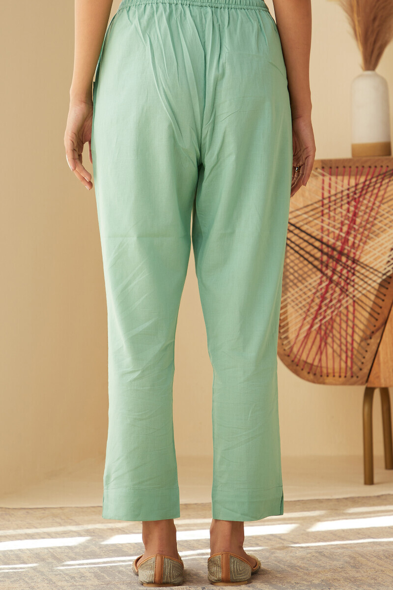 Green Handcrafted Cotton Narrow Pants